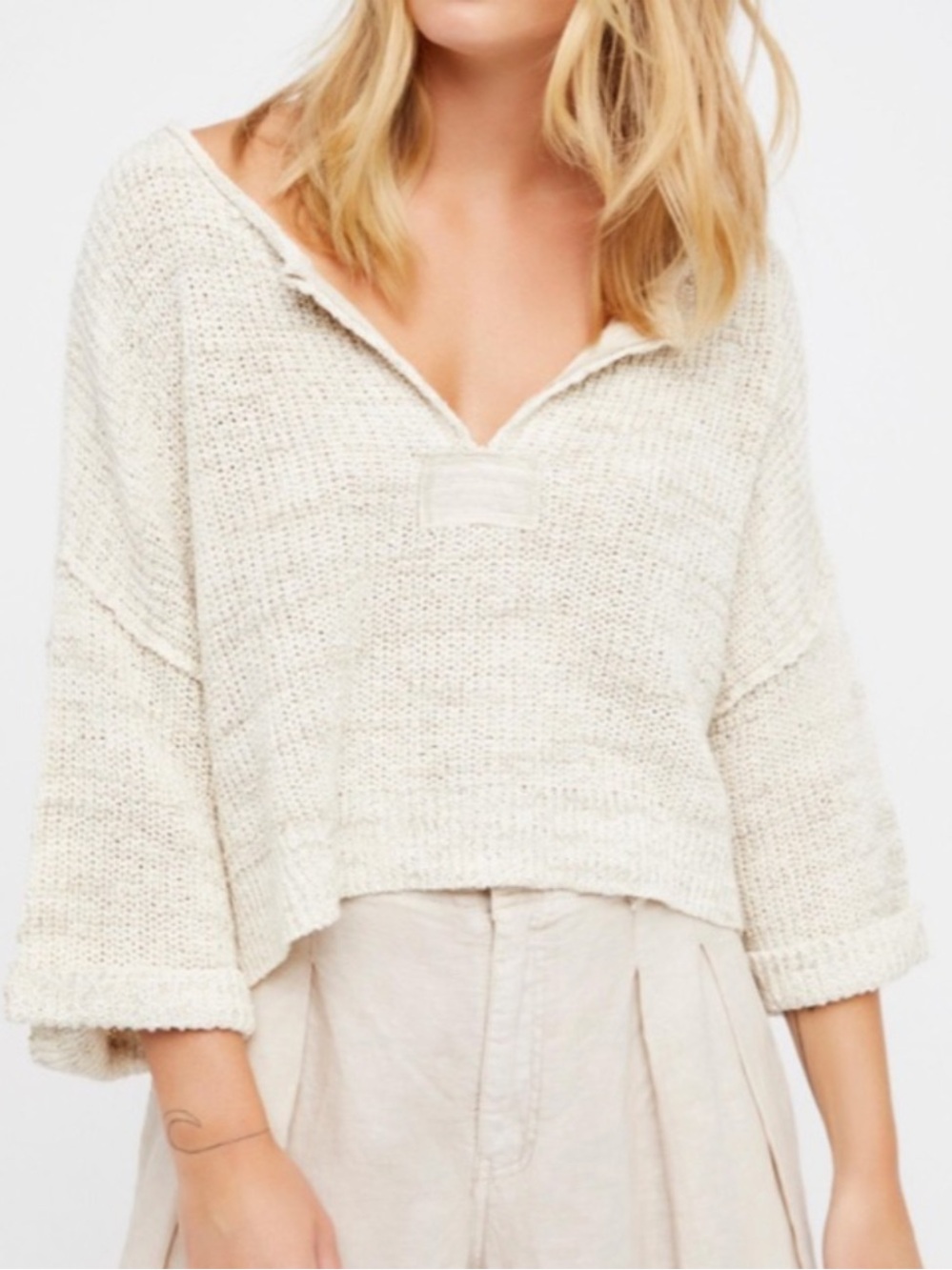 Free People Daybreak Sweater Medium Ivory Linen Open Knit Slouchy Oversized Boho